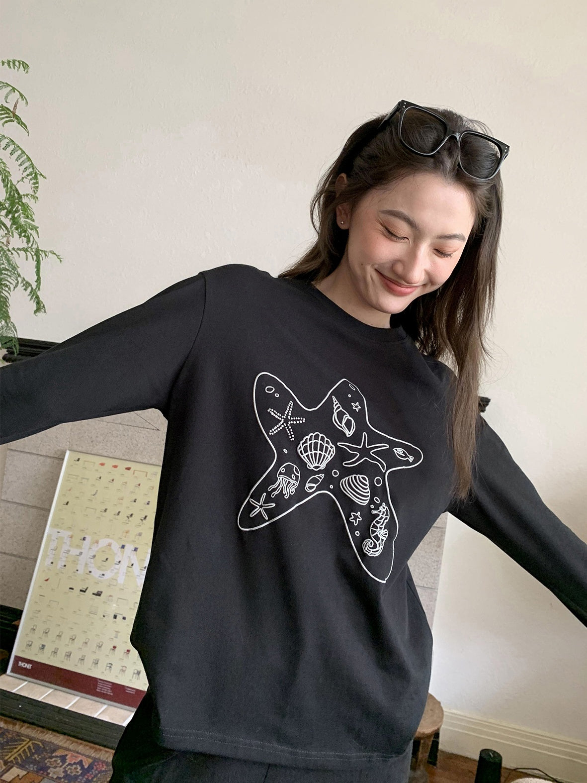 Loose Marine Print Long Sleeve T-Shirt X3138