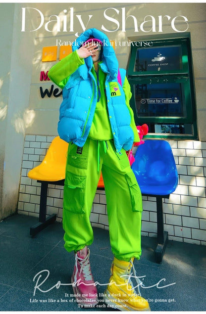 Neon Color Letter Patch Padded Vest X3429