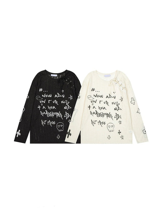 Cute skull seethrough long sleeve T-shirt　X3079