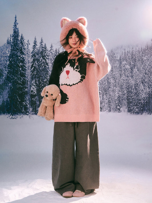 Kitten Jacquard Oversized Sweater　X3700