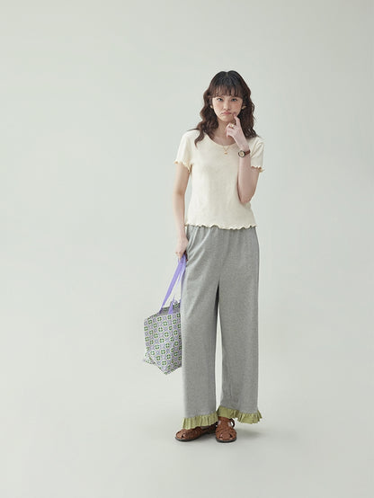 Cotton Jacquard Frill-Sleeve Short Tee　X3233