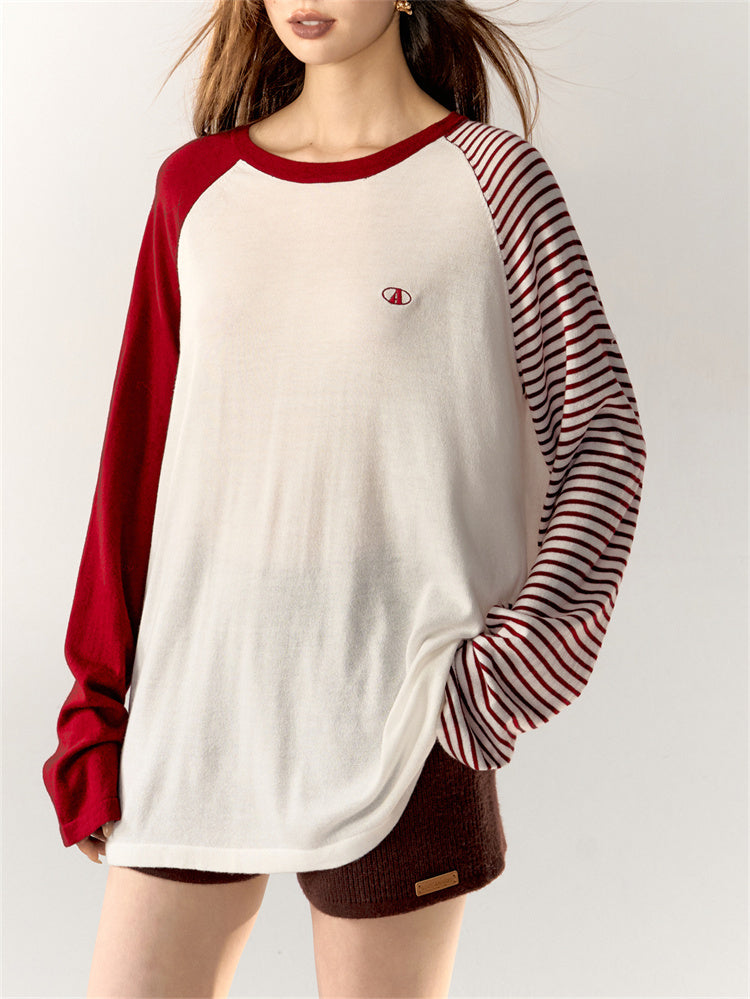 Raglan Sleeve Striped Loose T-Shirt　X3165