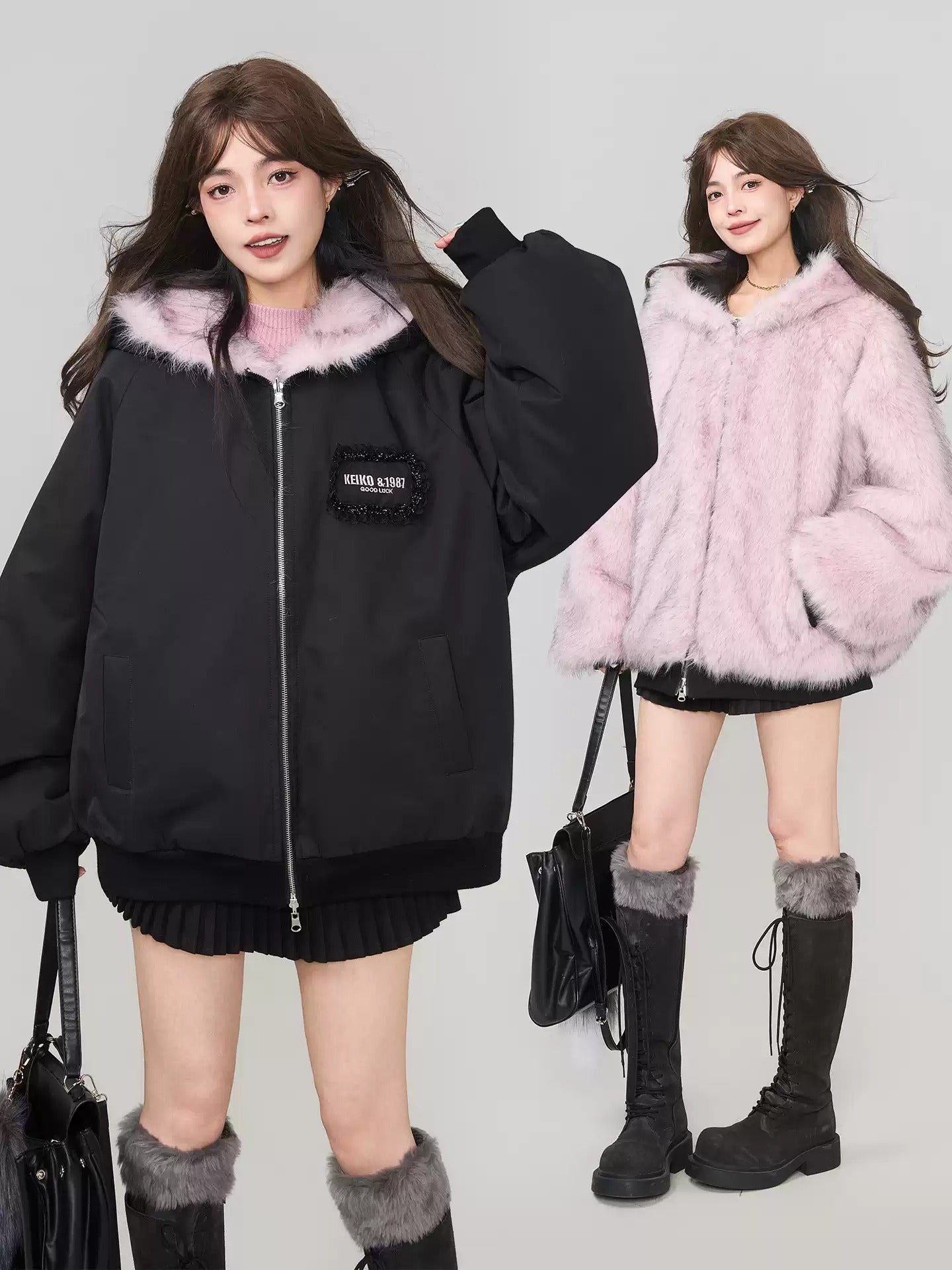 雙面仿狐狸毛連帽羽絨外套 X3450