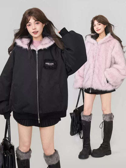 雙面仿狐狸毛連帽羽絨外套 X3450
