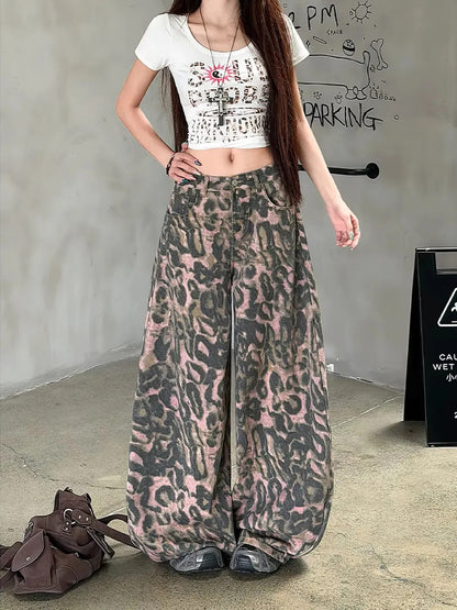Pink Leopard Balloon Wide Leg Jeans　X3704