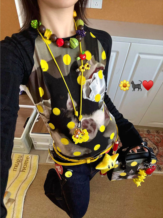 Cat and Dog Print Polka Dot Raglan Tee　X3708