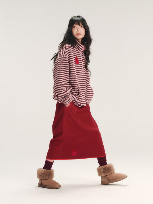 House Embroidery Fleece Midi Skirt　X3718