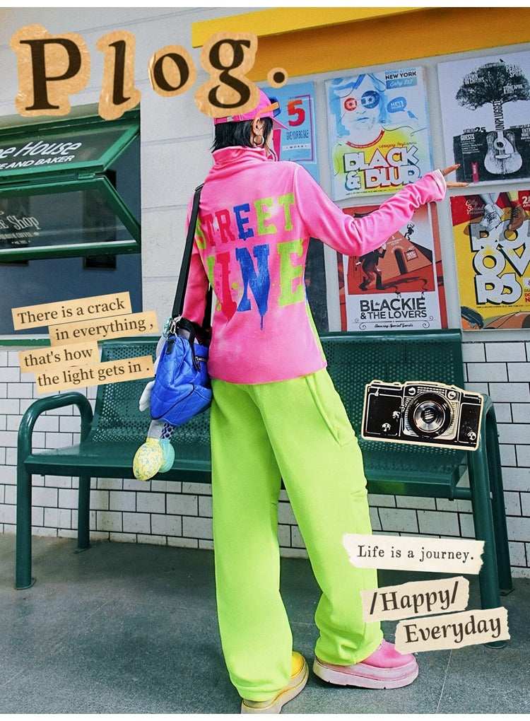 螢光綠撞色拼接抓絨運動褲 X3468