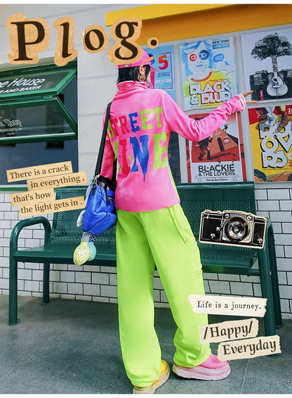 螢光綠撞色拼接抓絨運動褲 X3468