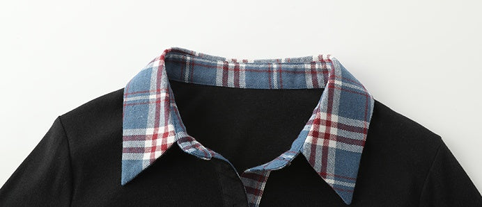 Polo collar plaid layered long sleeve T-shirt X3157