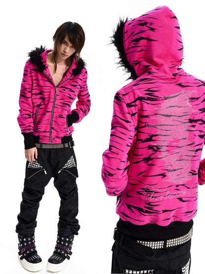 Zebra Fur Hood Zip Hoodie　X3695