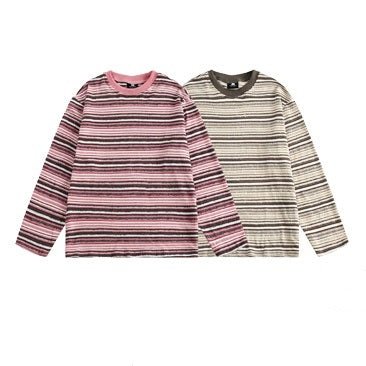 Stitched striped long loose sleeved T-shirt X3194