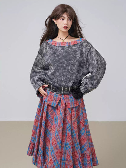 Washed Patchwork Boat-Neck Top X3454