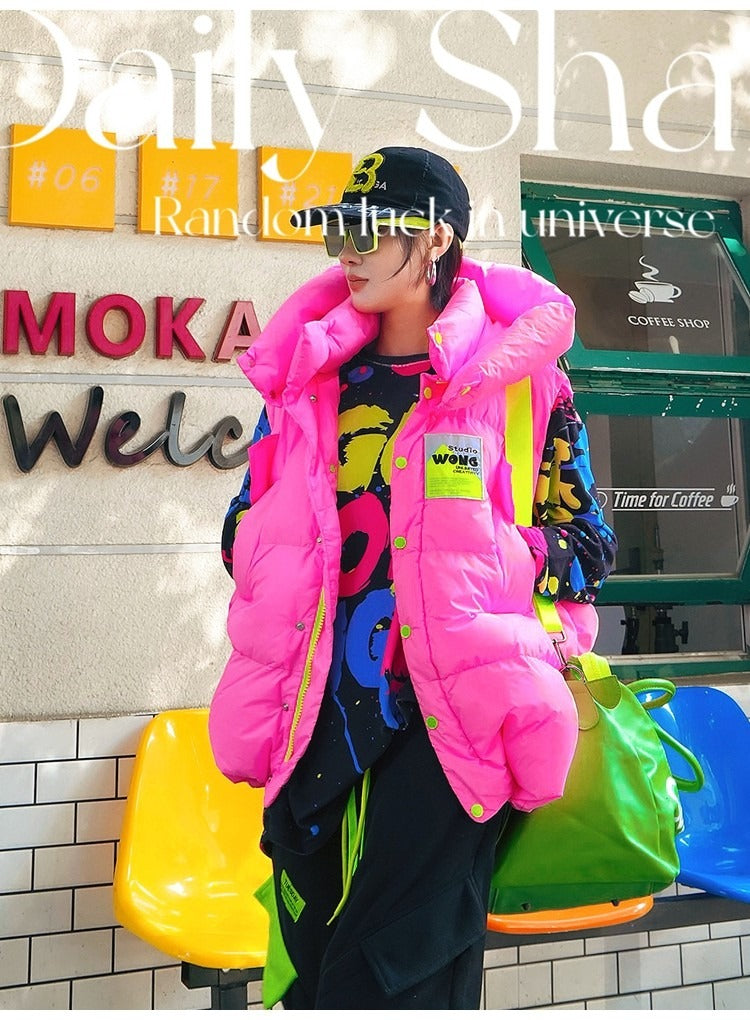 Neon Color Letter Patch Padded Vest X3429
