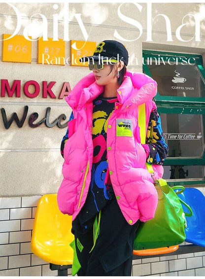 Neon Color Letter Patch Padded Vest X3429