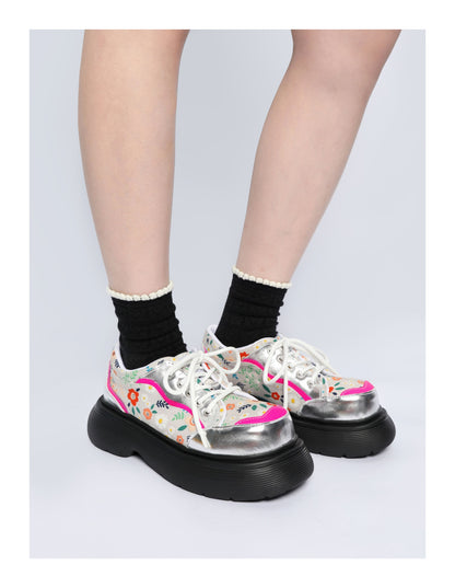 Colorblock Floral Chunky Platform Lace-Up Shoes　X3479