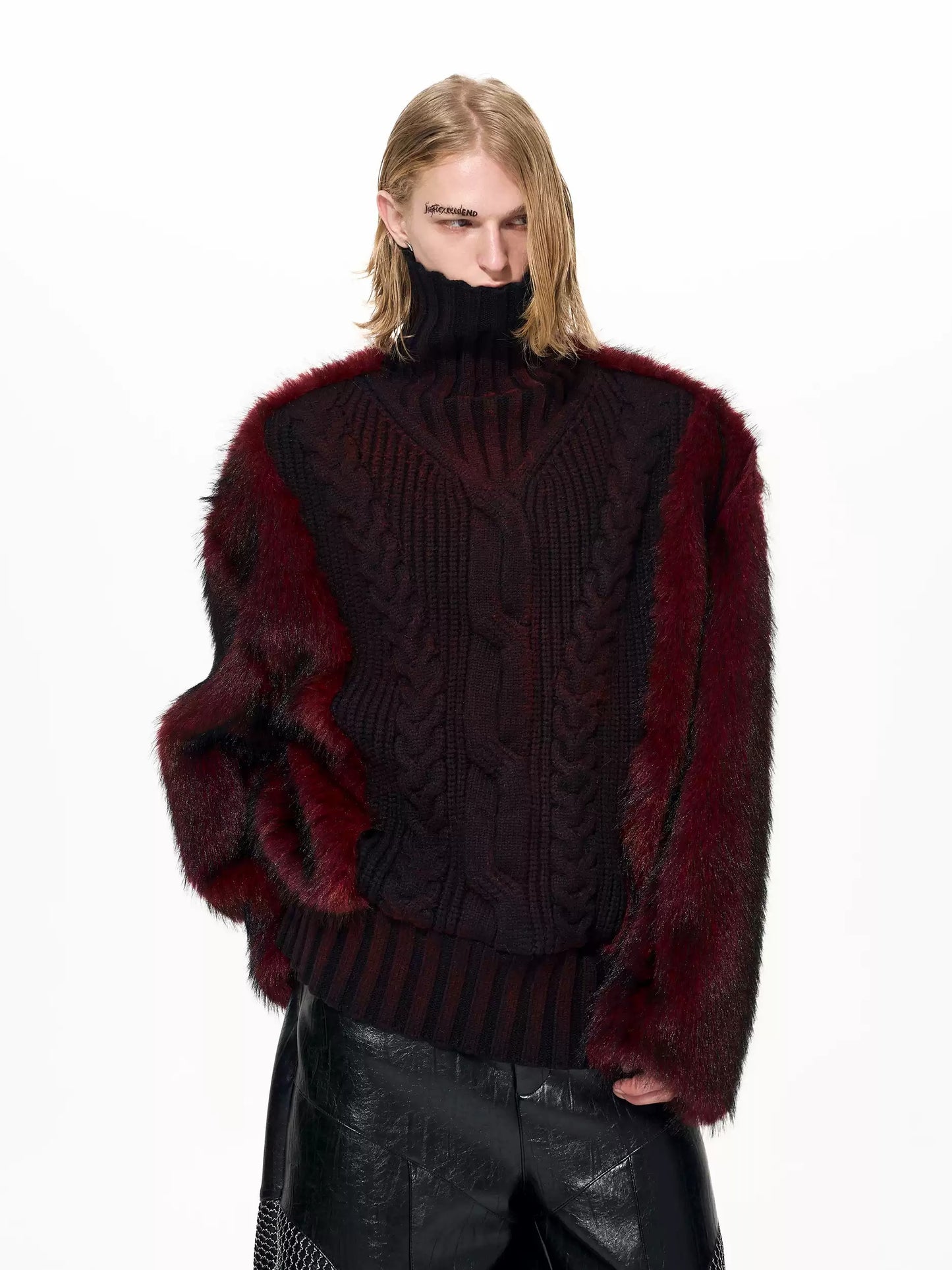 Faux-Fur Panel High-Neck Knit Sweater X3493