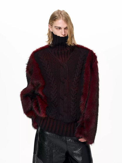 Faux-Fur Panel High-Neck Knit Sweater X3493