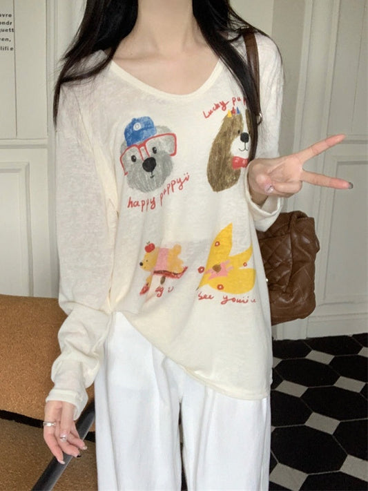 Cute dog print u-neck long sleeved T-shirt　X3070