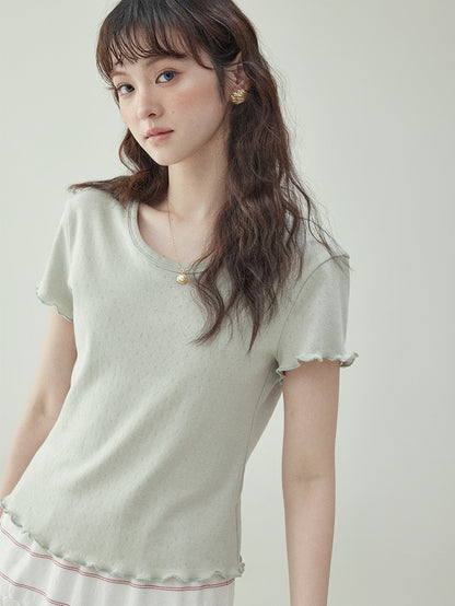 Cotton Jacquard Frill-Sleeve Short Tee　X3233