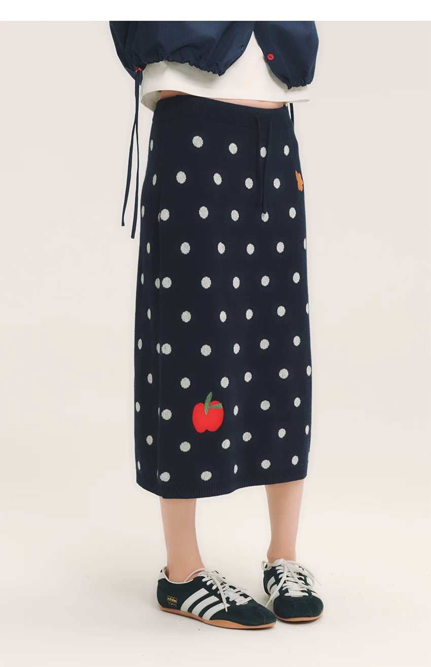 Polka Dot Apple Embroidery Knit Skirt　X3721
