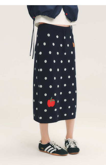 Polka Dot Apple Embroidery Knit Skirt　X3721