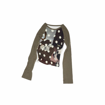 Cat and Dog Print Polka Dot Raglan Tee　X3708