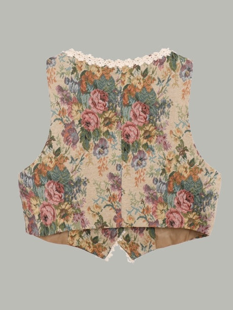 Lace point retro flower print vest X3125