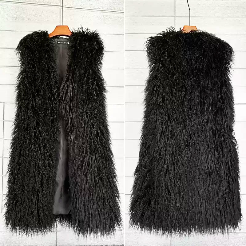 Round neck faux fur long vest jacket X2857