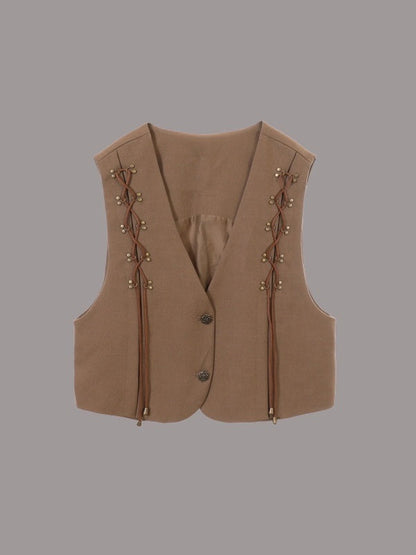 V-neck casual lace up vest X3208