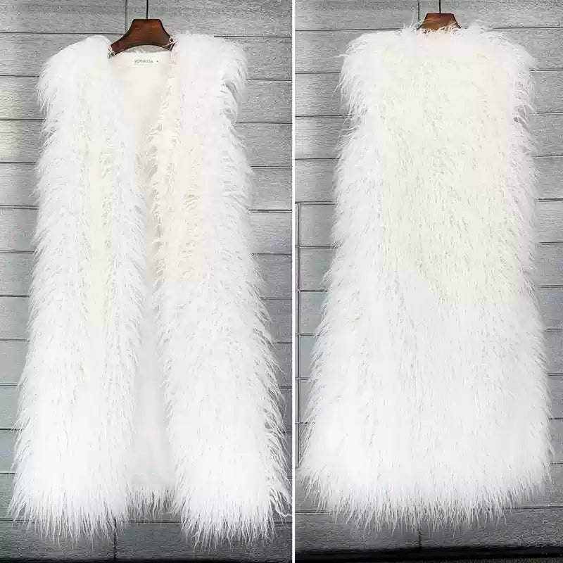 Round neck faux fur long vest jacket X2857