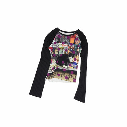 Cat and Dog Print Polka Dot Raglan Tee　X3708