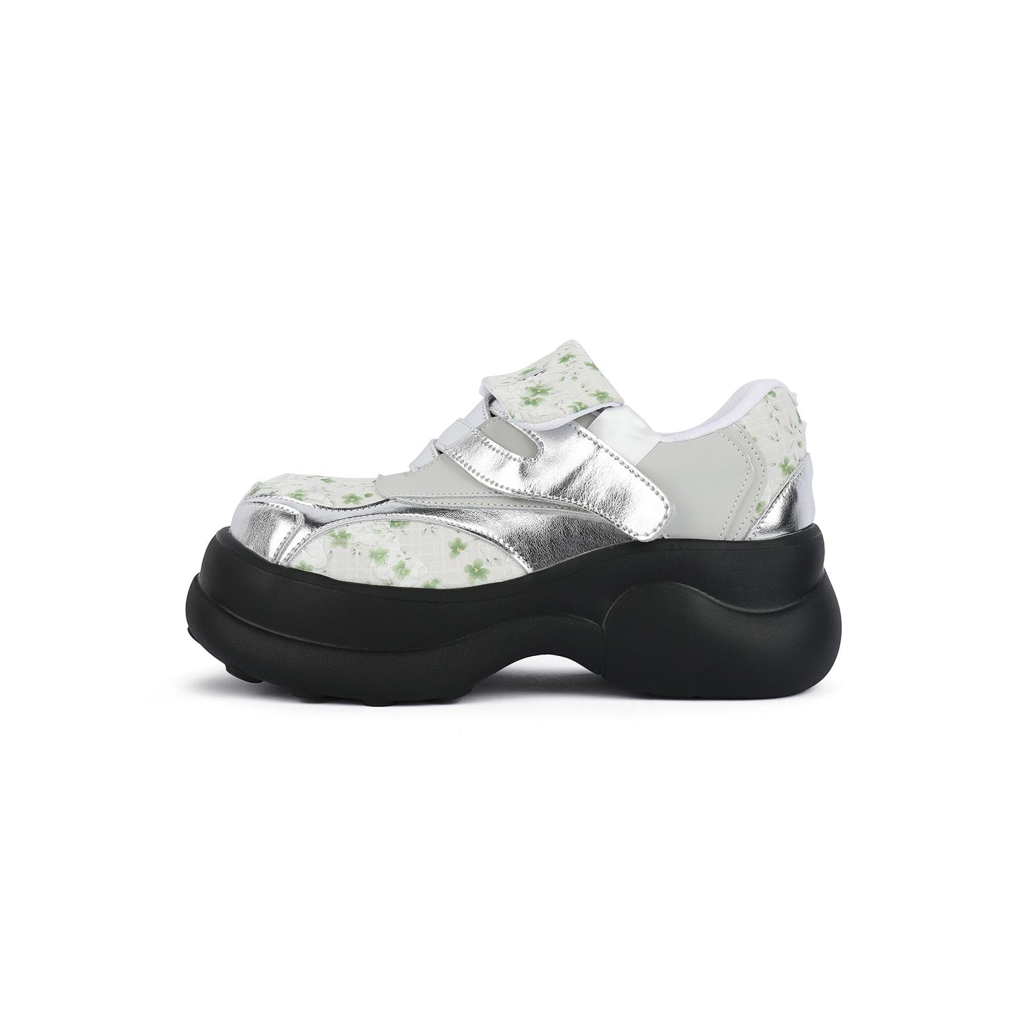 Floral Print & Silver Chunky Platform Velcro Shoes　X3478
