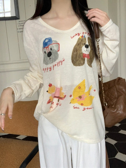 Cute dog print u-neck long sleeved T-shirt　X3070