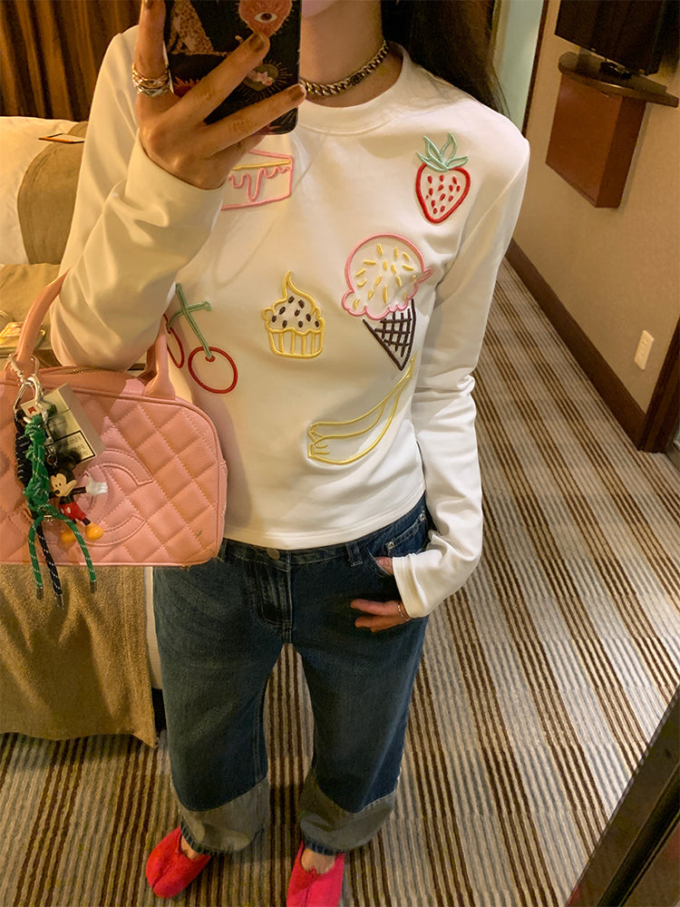 Sweets embroidered design long sleeve t-shirt X3199