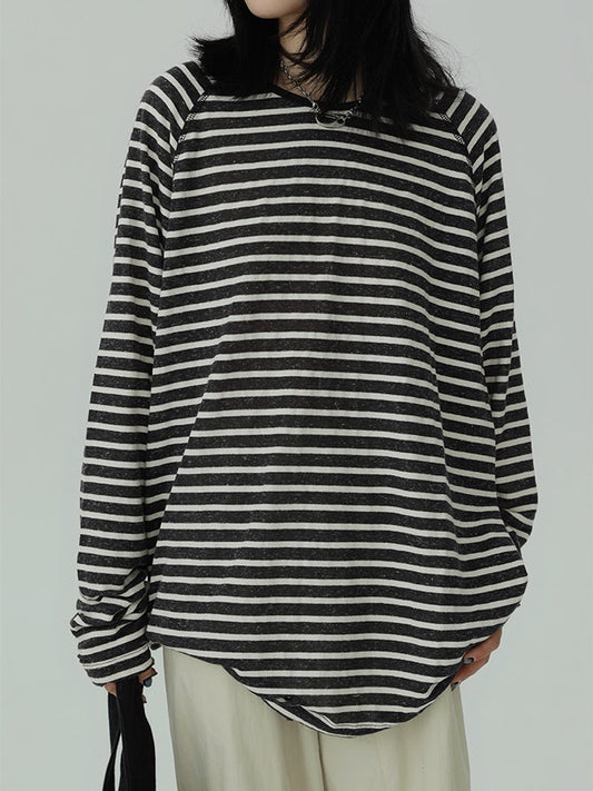 Stripe Round Neck Tops X3196