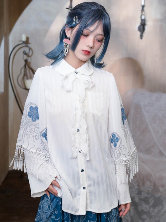 Doll collar ribbon fringe sleeve shirt X2832