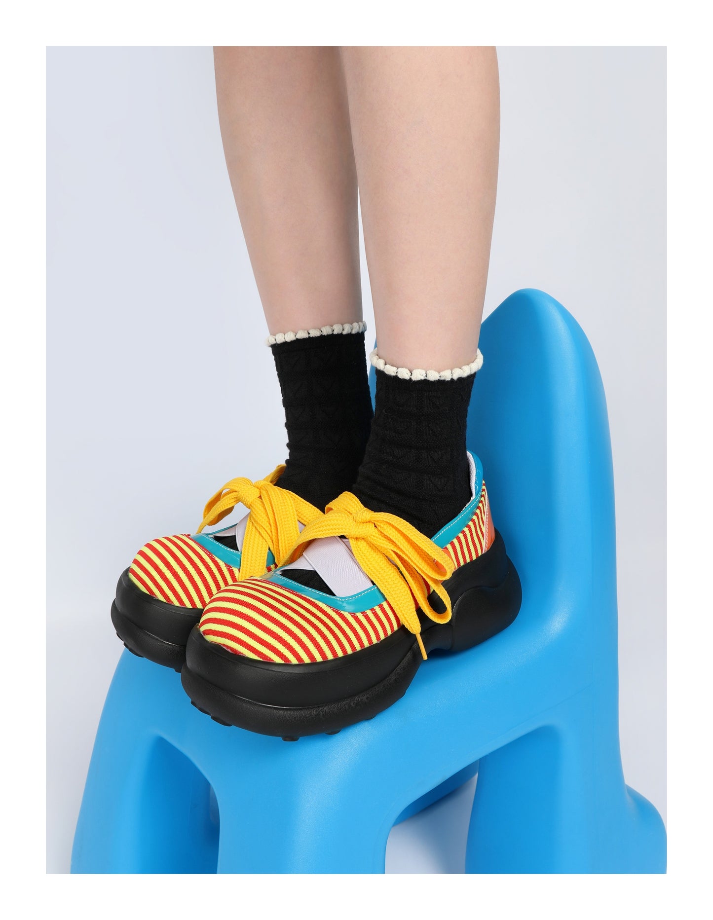Colorblock Stripe Chunky Platform Lace-Up Shoes　X3481