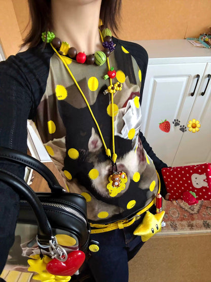 Cat and Dog Print Polka Dot Raglan Tee　X3708