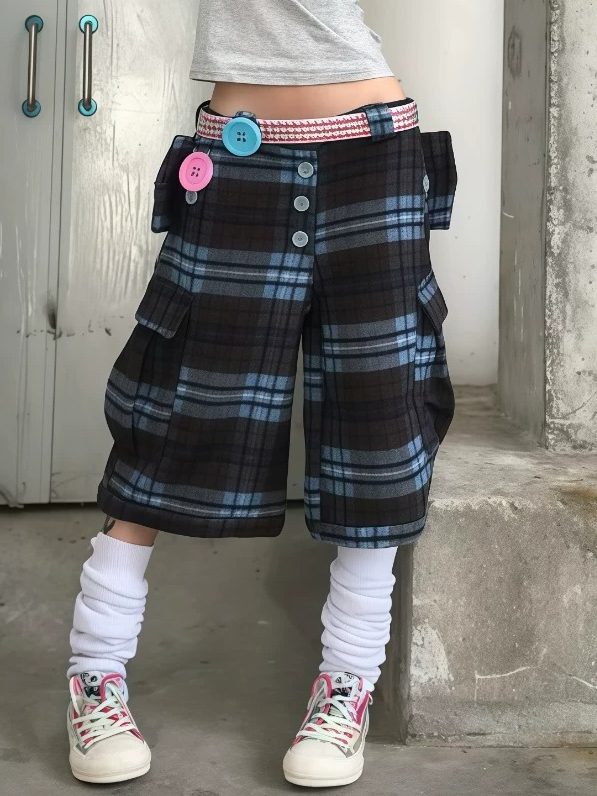 Plaid Button Cargo Cropped Pants　X3702