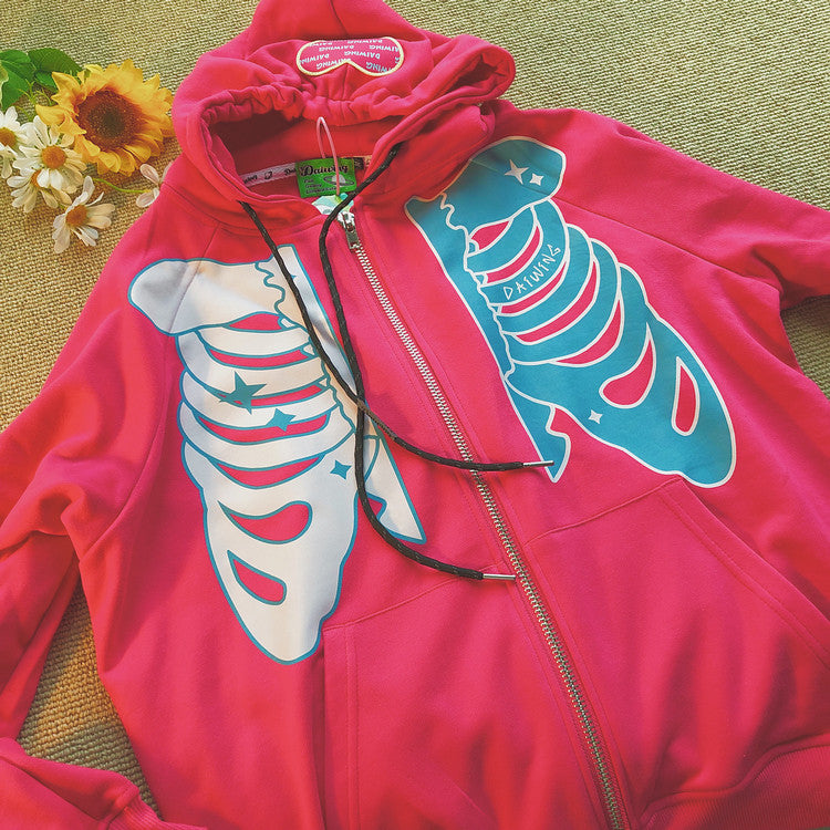 Skeleton Print Zip-Up Hoodie　X3727