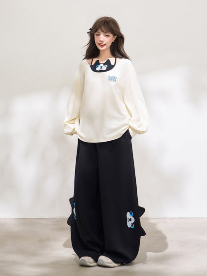 Cat Paw Patch Wide Leg Sweatpants X3669