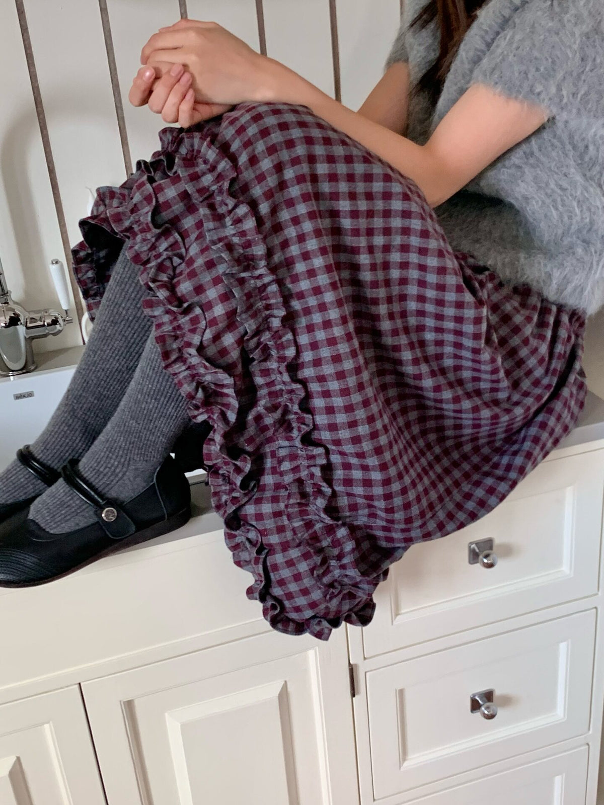Patchwork Check Frill Midi Skirt X3715