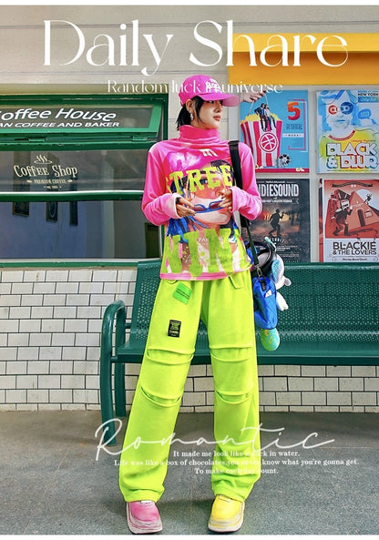 螢光綠撞色拼接抓絨運動褲 X3468