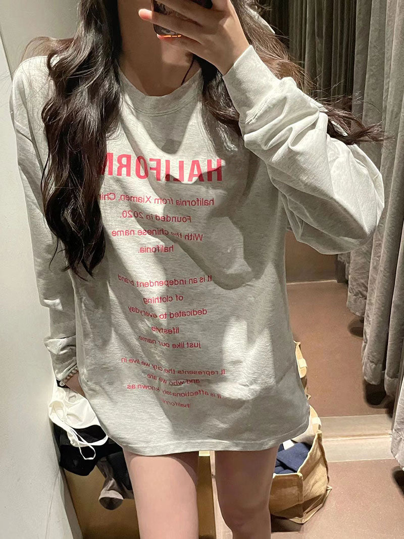 Letter print long sleeved loose T-shirt X3130