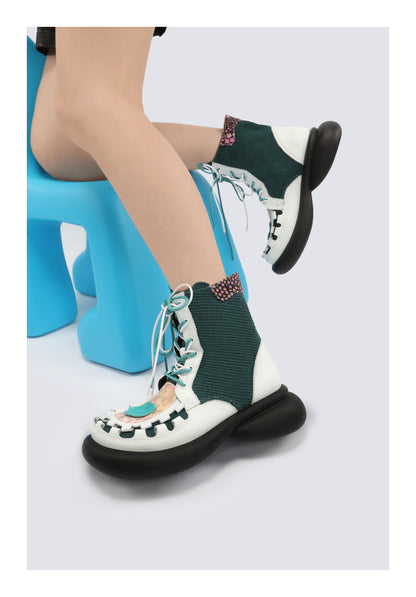 Colorblock Chunky Platform Lace-Up Mid Boots　X3483