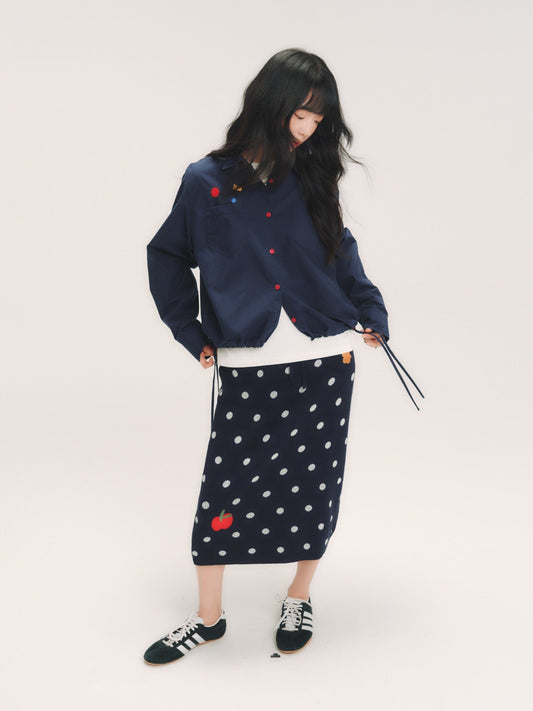 Polka Dot Apple Embroidery Knit Skirt　X3721
