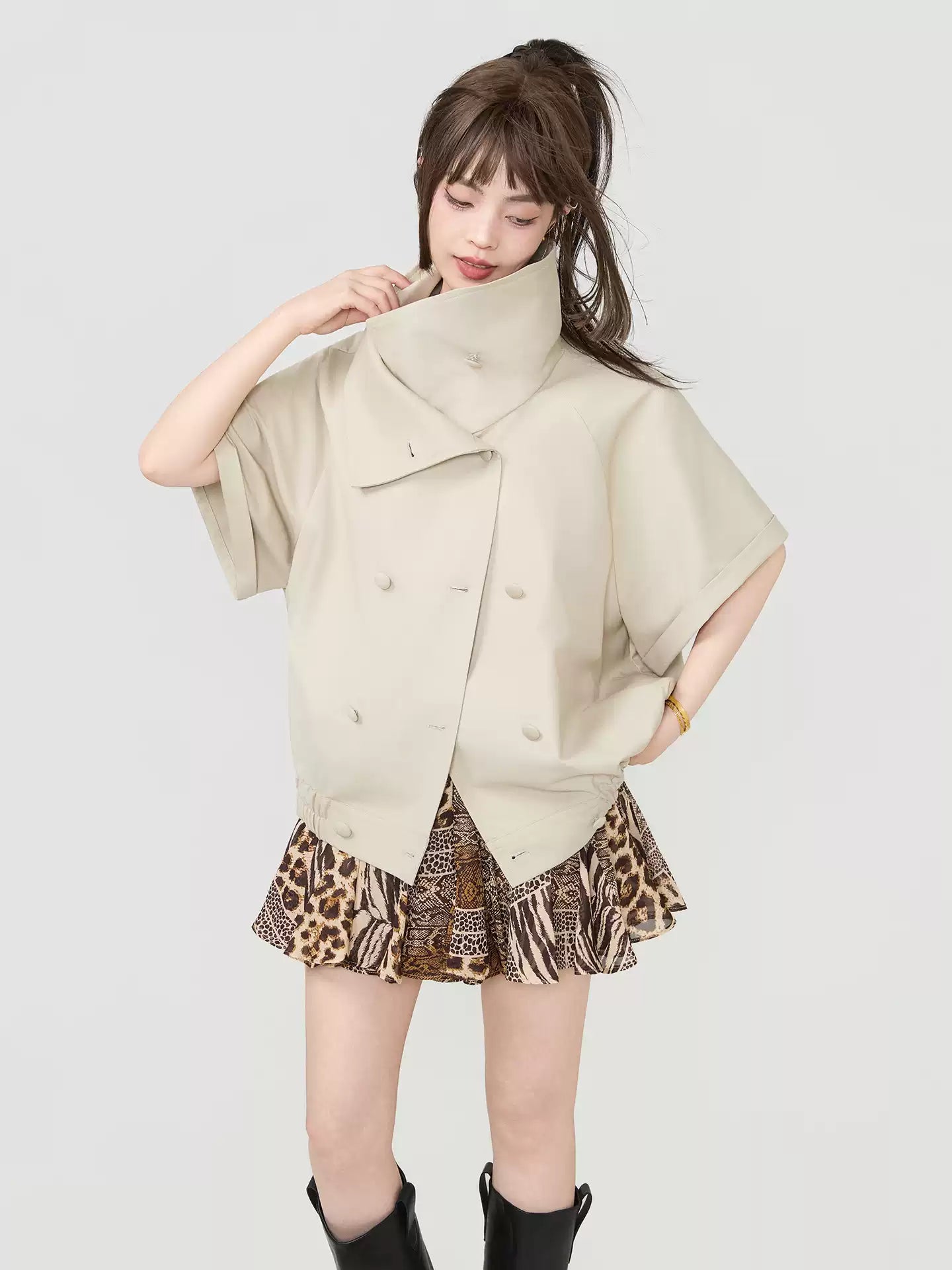 Double-Breasted Wide Silhouette Short-Sleeve Top　X3537