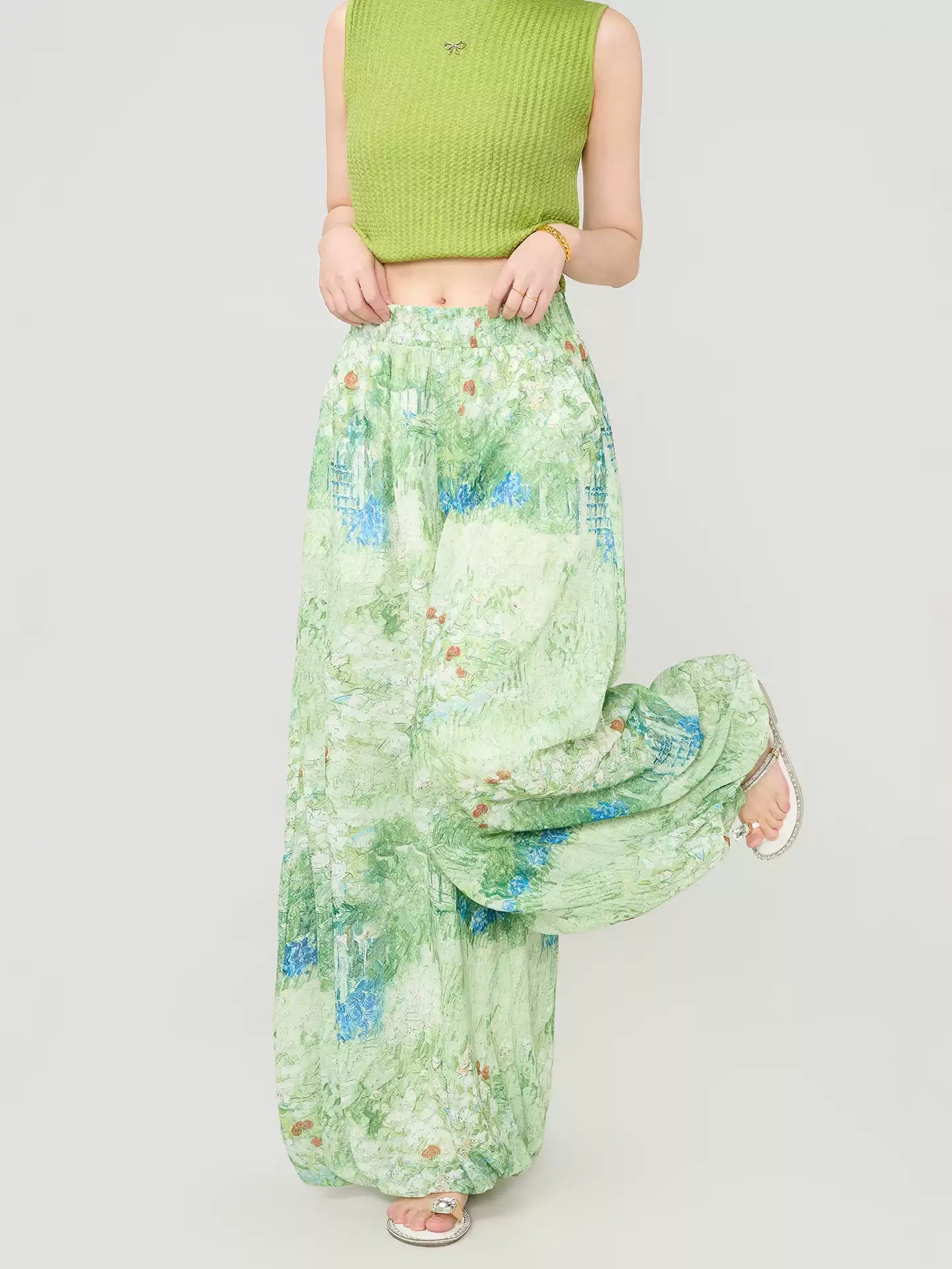 Floral Chiffon Wide-Leg Pants　X3539