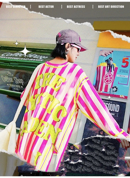 彩色條紋Logo抓絨內襯T卹 X3469